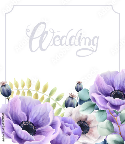 Watercolor flowers and leaves wedding greeting card vector. Floral bouquet decor