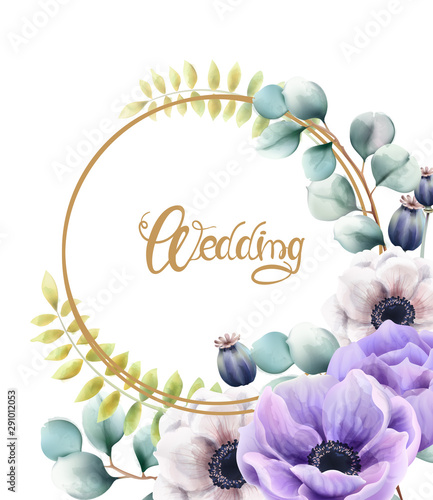 Watercolor flowers and leaves wedding wreath greeting card vector. Floral bou...