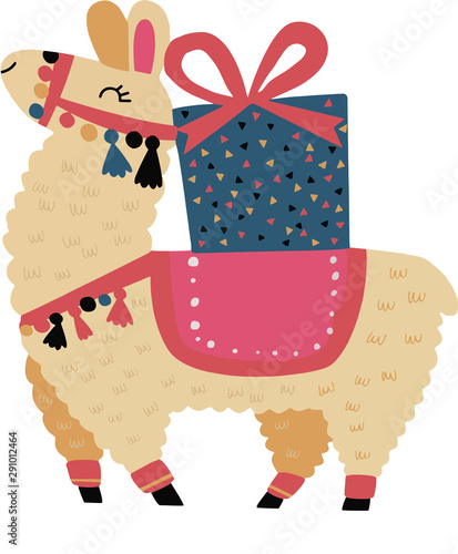 Cute lama and giftbox. Alpaca animal. Vector illustration