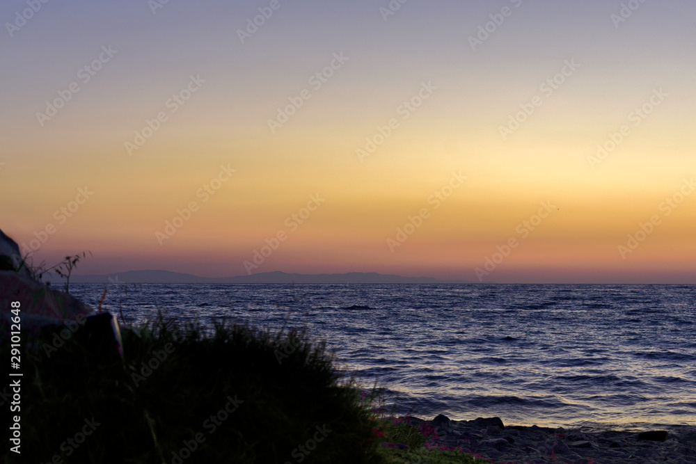 Sunset on the sea with silhouette of beach and some magenta flowers.