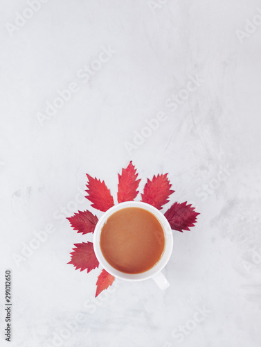 Cup of tea or coffee isolated on light concrete background. Flat lay. Top view. Copy space