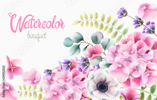Watercolor rose flowers and leaves background vector. Floral bouquet decor