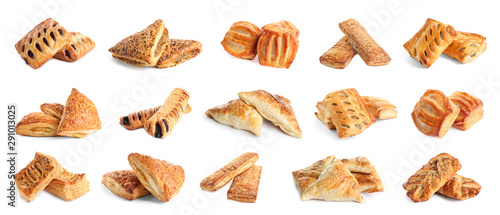 Set of fresh delicious puff pastries on white background