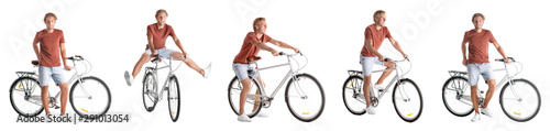Collage of handsome young man with bicycle on white background © New Africa
