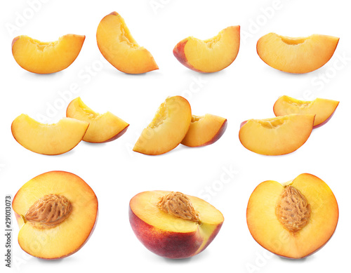 Set of cut fresh juicy peaches on white background