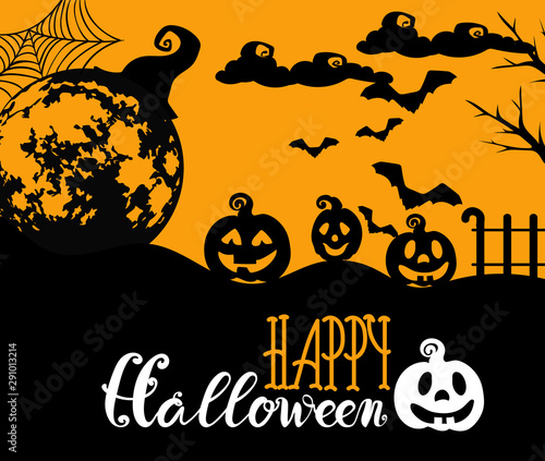Happy halloween with pumpkins, witch hat and bats. Yellow background vector