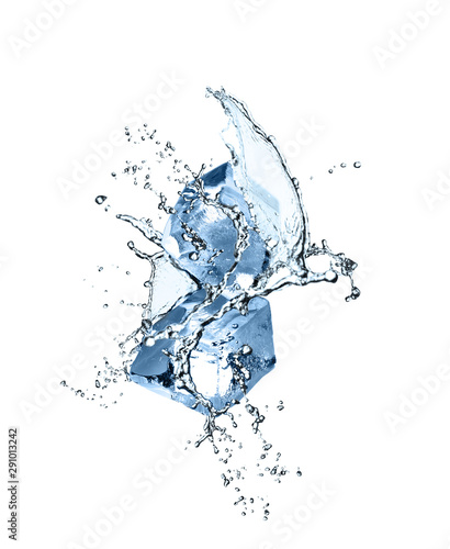 Crystal clear ice cubes and splashing water on white background
