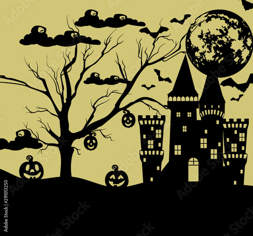 Happy halloween with pumpkins, castle, witch hat and bats background vector