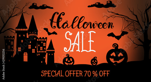 Happy halloween with pumpkins, witch hats, castle and bats. Orange sale offer...