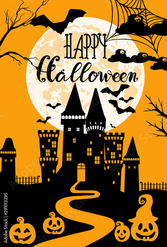 Happy halloween with pumpkins, witch hats, castle and bats. Yellow background...