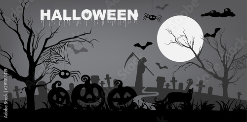 Gloomy halloween with cemetery, Grim Reaper death, pumpkins, spiders and tree...