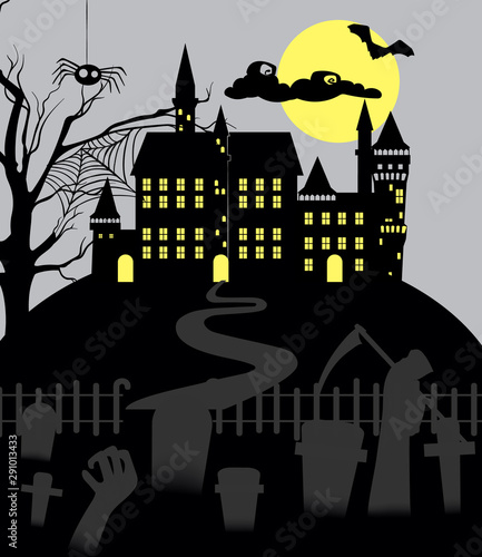 Gloomy halloween with cemetery, spider and castle with yellow lights. Holiday...