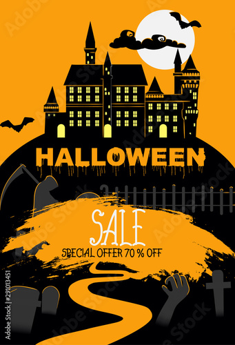 Halloween special offer sale with cemetery, Grim Reaper and castle with yello...