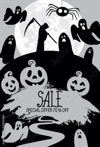 Gloomy halloween special offer sale with cemetery, Grim Reaper death, pumpkin...