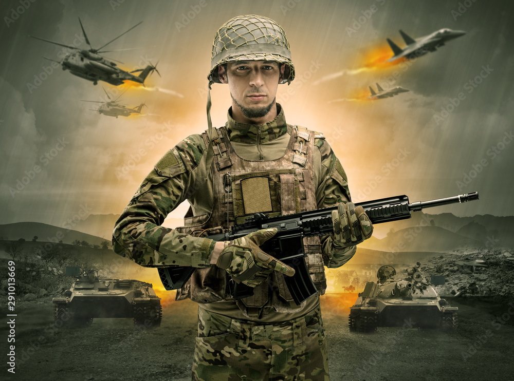 Armed soldier with sniper in the middle of a war Armed soldier with sniper in the middle of a war