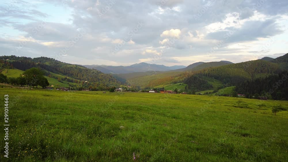 mountain village at sunset, Time-lapse of the village in the mountains in the summer on sunset, sunny summer mountains with forests and fields, mountain village with forest in sunrise soft light in C mountain village at sunset, Time-lapse of the village in the mountains in the summer on sunset, sunny summer mountains with forests and fields, mountain village with forest in sunrise soft light in C