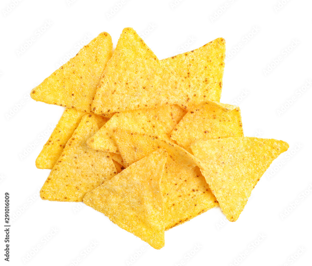 Tasty Mexican nachos chips on white background, top view
