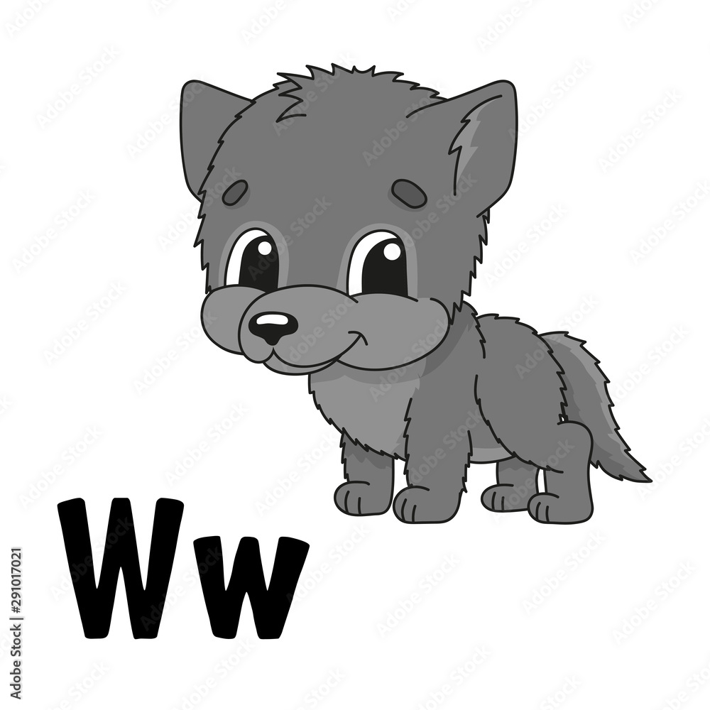 Funny alphabet. ABC flash cards. Cartoon cute character isolated on