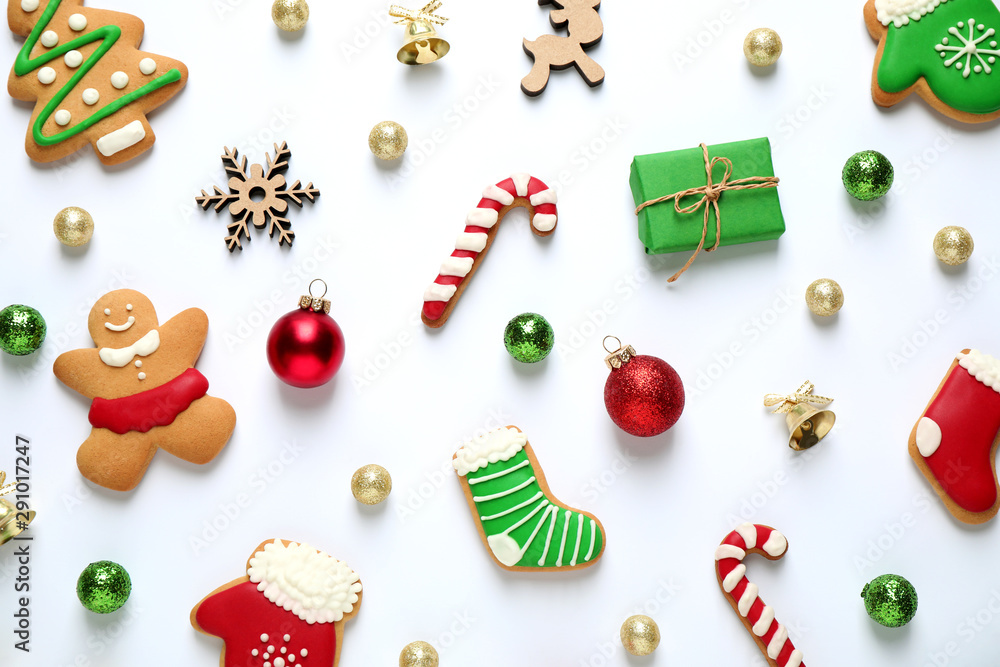 Flat lay composition with Christmas decorations on white background