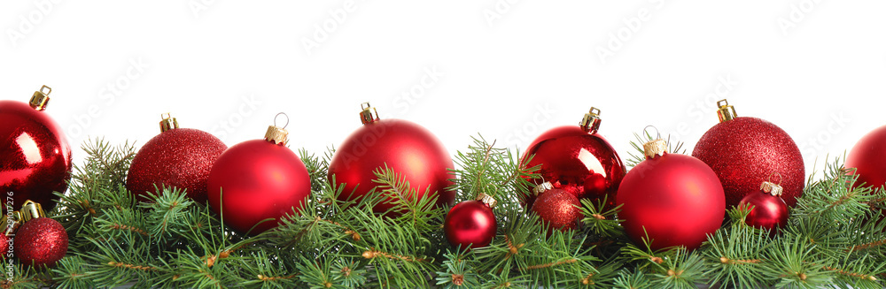 Fir tree branches with Christmas decoration on white background - obrazy, fototapety, plakaty 
