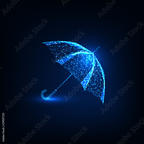 Futuristic glowing low polygonal umbrella isolated on dark blue background.