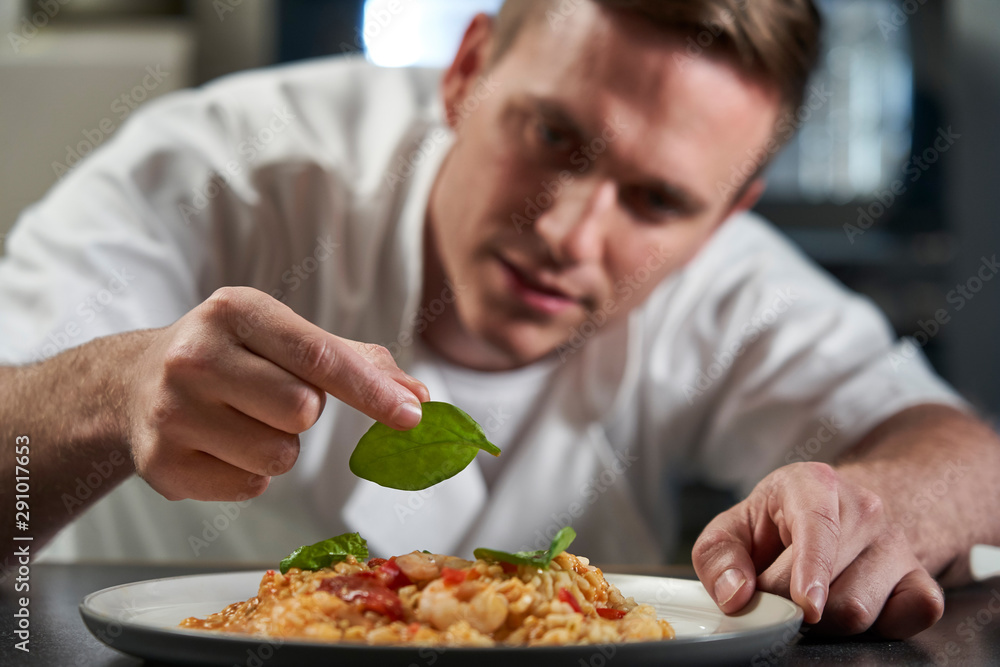 Male Chef Garnishing Plate Of Food In Professional Kitchen Male Chef Garnishing Plate Of Food In Professional Kitchen
