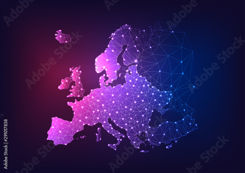 Futuristic glowing low polygonal Europe continent map on dark blue and purple background.