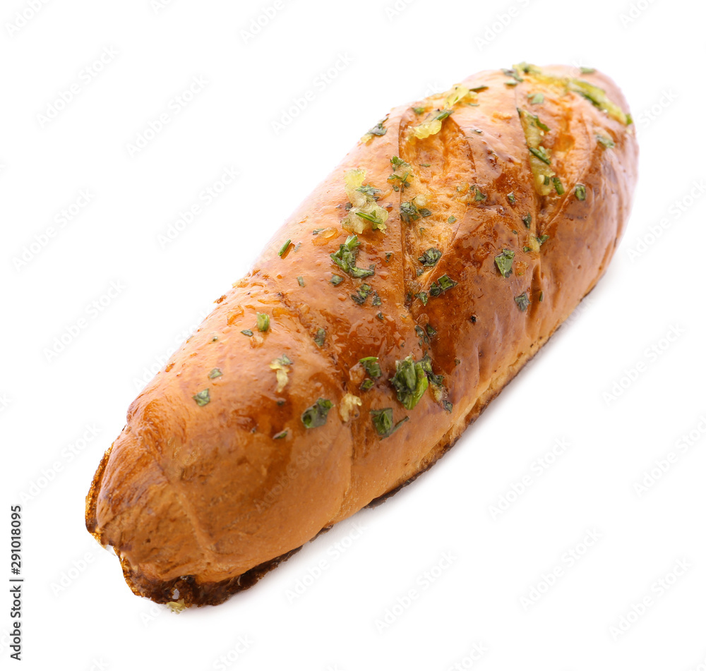 Bread loaf with garlic and herbs on white background Bread loaf with garlic and herbs on white background