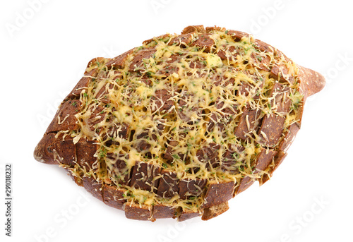 Tasty homemade garlic bread with cheese and herbs on white background, top view