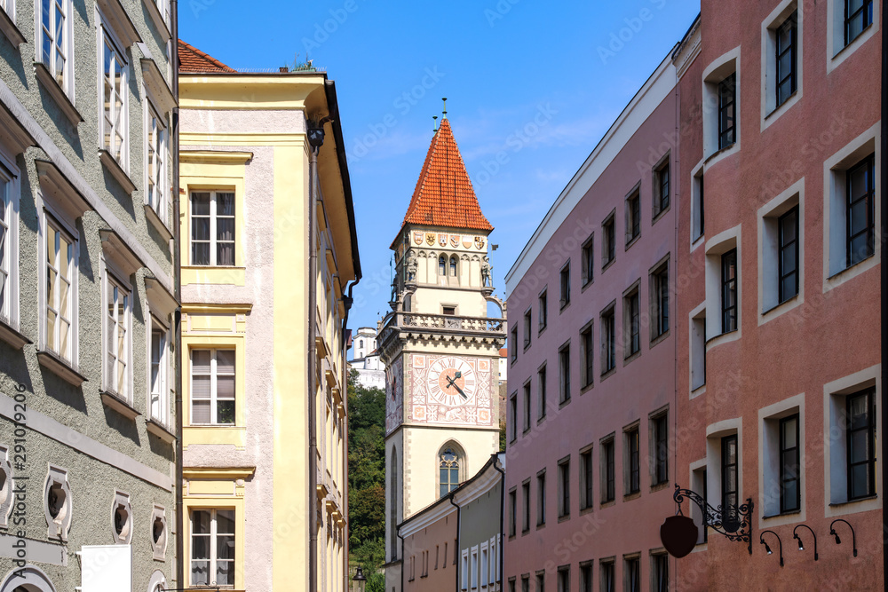 View of the tower of the town hall in Passau, Bavaria, Germany