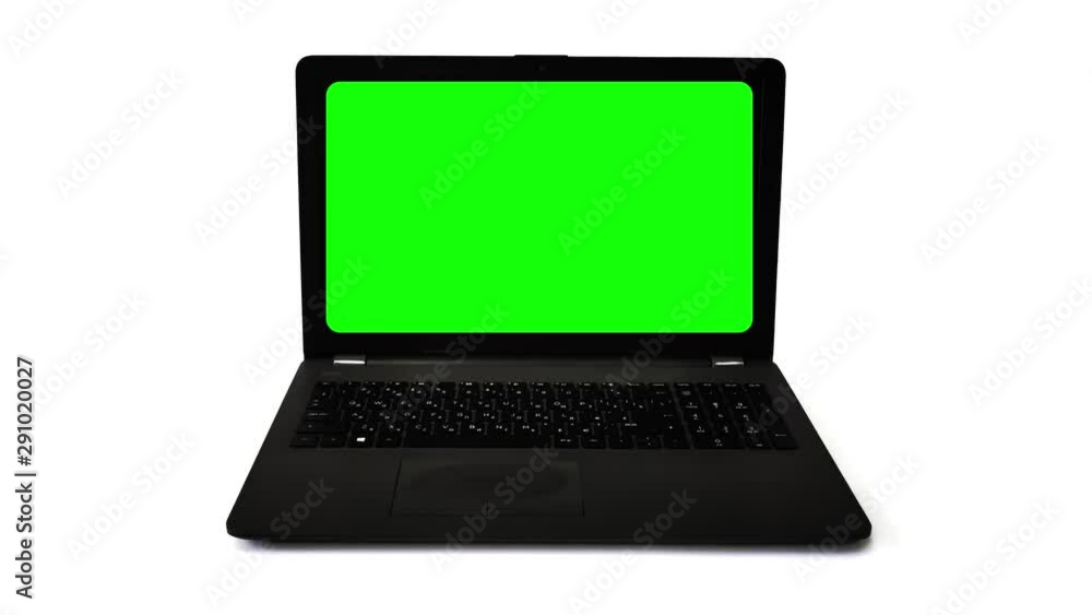 Laptop with chromakey on display opens and closes on a white background. Laptop with chromakey on display opens and closes on a white background.