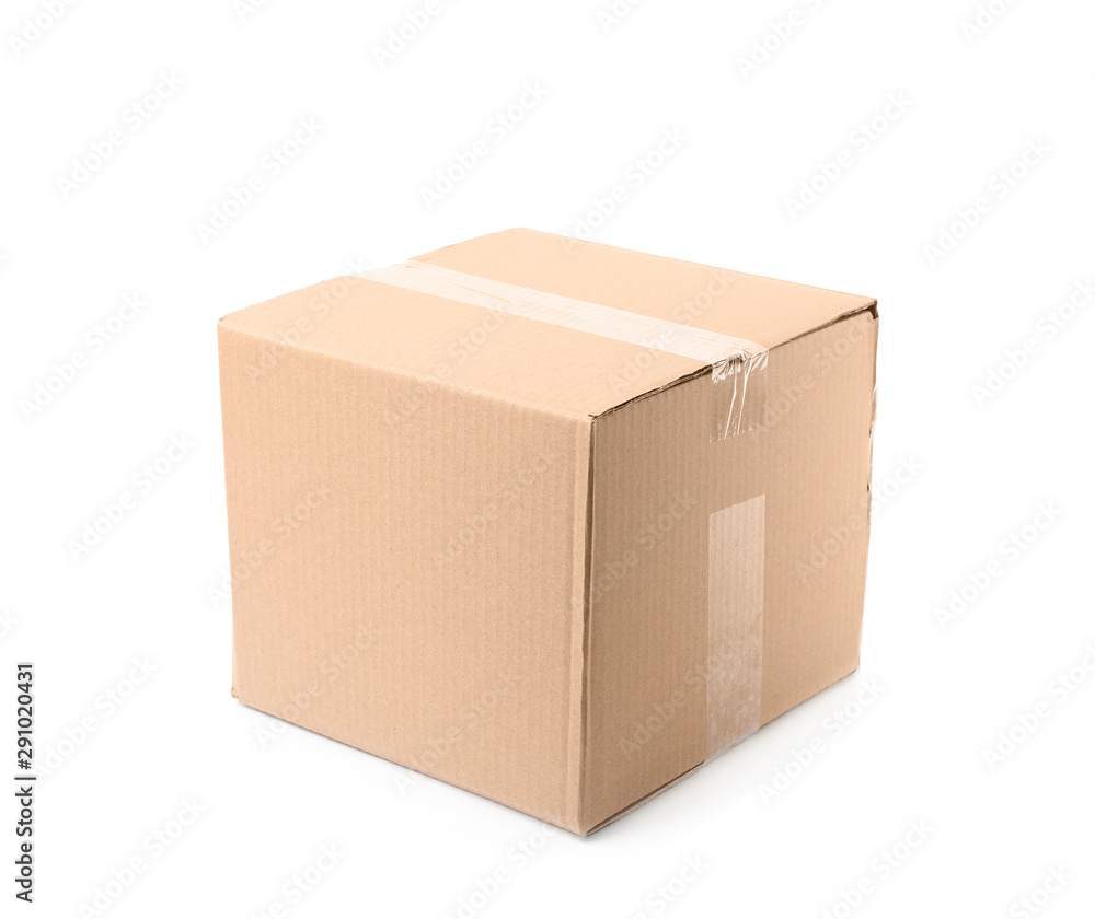 Closed cardboard box on white background. Mockup for design Closed cardboard box on white background. Mockup for design
