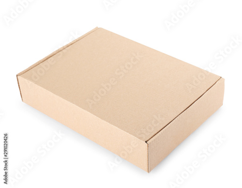 Closed cardboard box on white background. Mockup for design