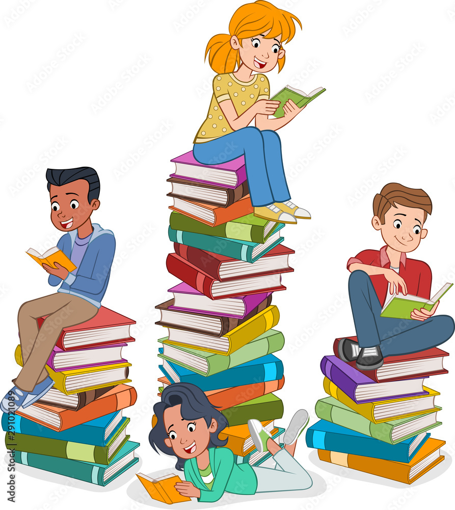 Cartoon teenagers reading books. Students over piles of books. Stock Vector  | Adobe Stock