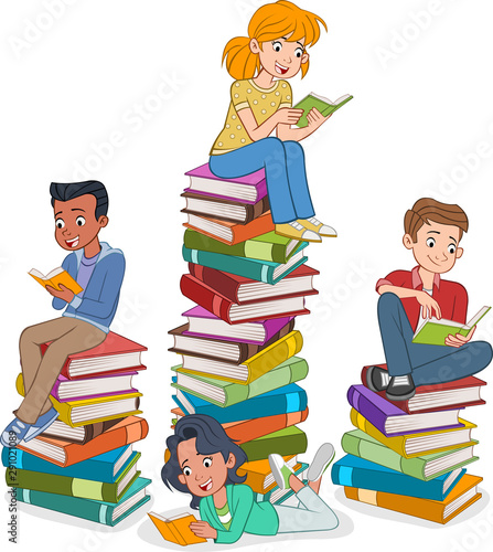 Cartoon teenagers reading books. Students over piles of books.