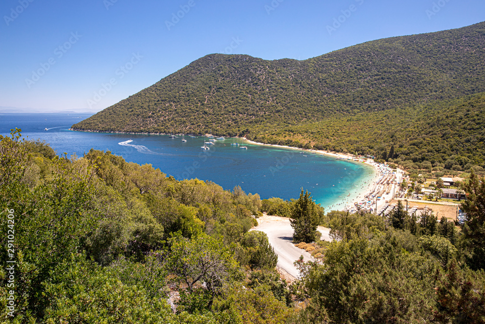 Obraz premium Summer sunny day beautiful landscape of Antisamos beach on the Kefalonia island, Ionian sea, Greece. Horizontal. Panoramic view.