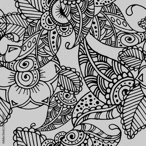 seamless pattern, elements of plants and flowers, coloring in black and white