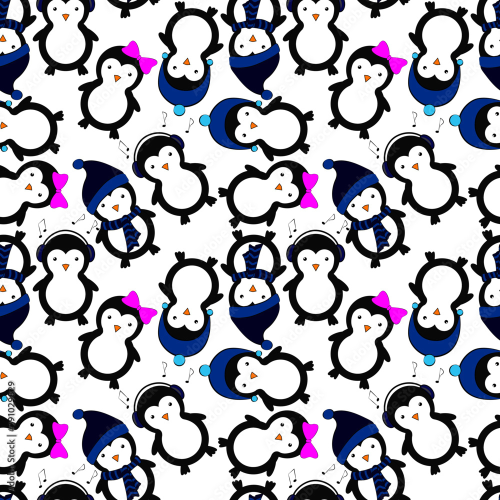 Seamless cartoon style pattern with penguins