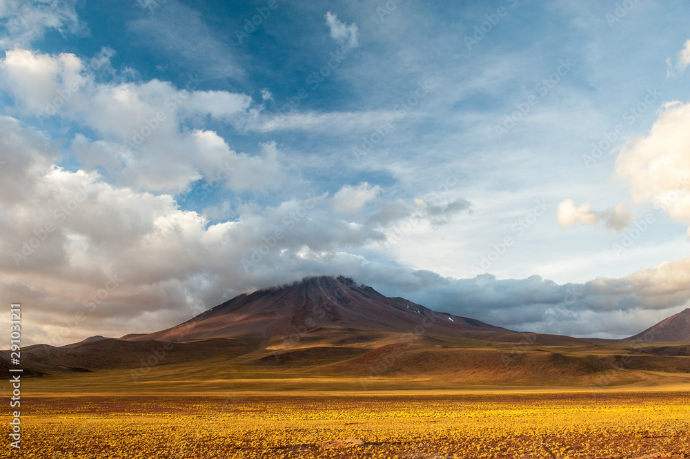 Obraz premium Sunset light on volcanos of Atacama Desert. Mountains southern from San Pedro de Atacama. Stunning scenery in evening sunlight at Atacama desert, Chile, South America