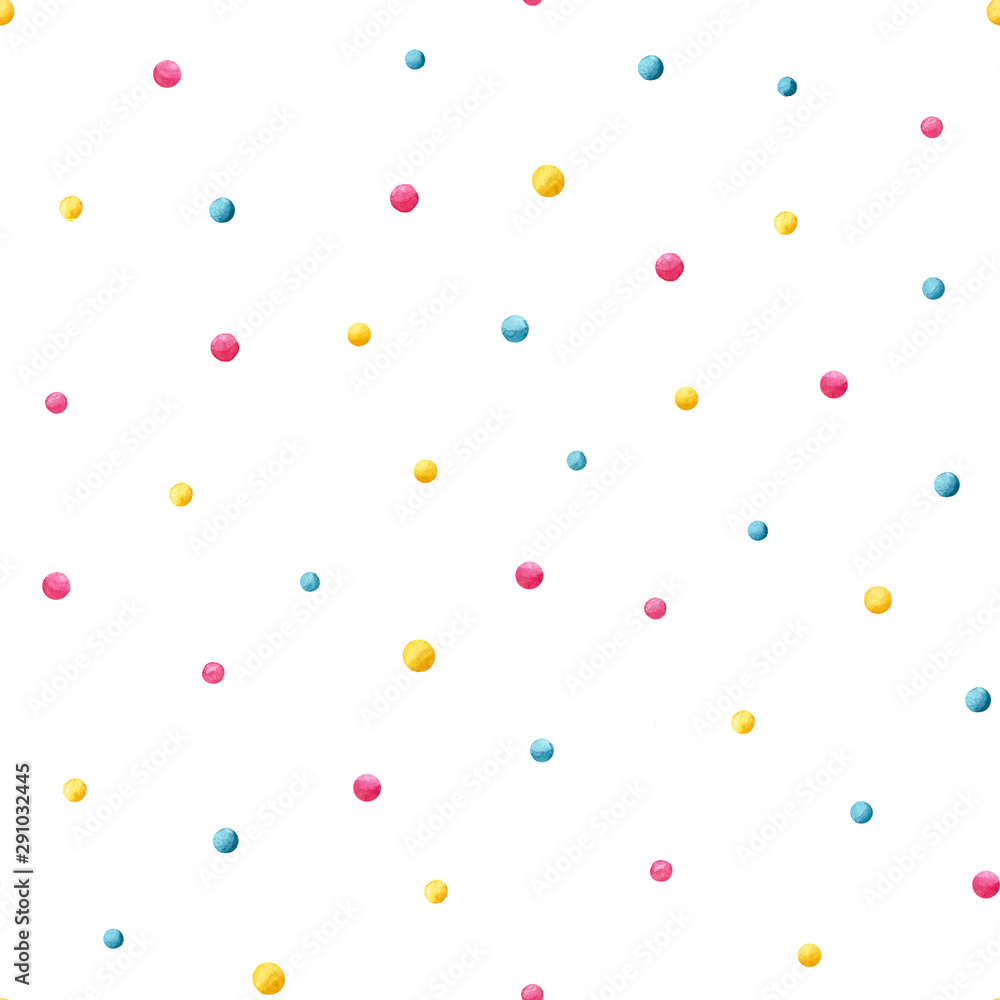 Seamless pattern with multicolored polka dot confetti on a white background for wrapping paper or wallpaper.