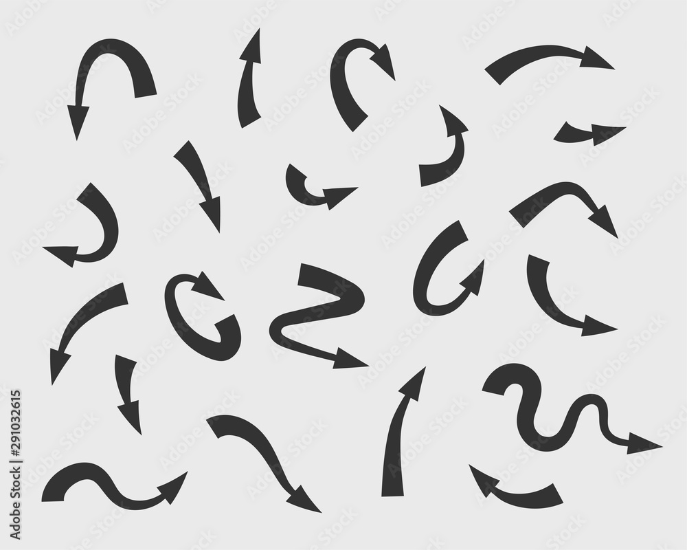 Collection arrows vector background black and white symbols. Different arrow icon set circle, up, curly, straight and twisted. Design elements. Collection arrows vector background black and white symbols. Different arrow icon set circle, up, curly, straight and twisted. Design elements.