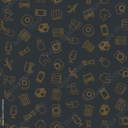 Set of diverse technological items and equipment doodle icons