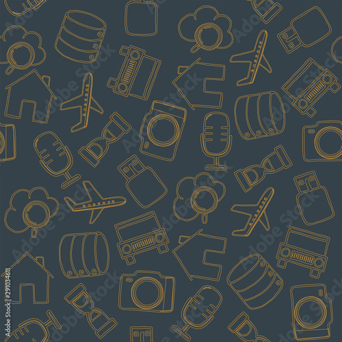 Set of diverse technological items and equipment doodle icons