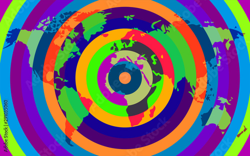 Abstract world map of colorful round stripes