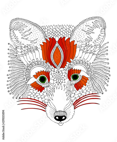 Red fox. Hand drawn illustration. Sketch for antistresss coloring page. It may be used for design of a t-shirt, bag, postcard or poster.
