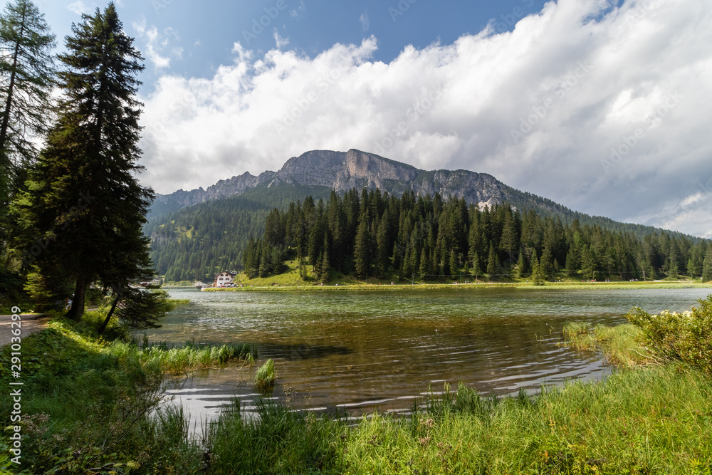 Landscape View of Mizurina Lake in Dolomite Alps Mountains in Cortina de Ampezzo area of italy