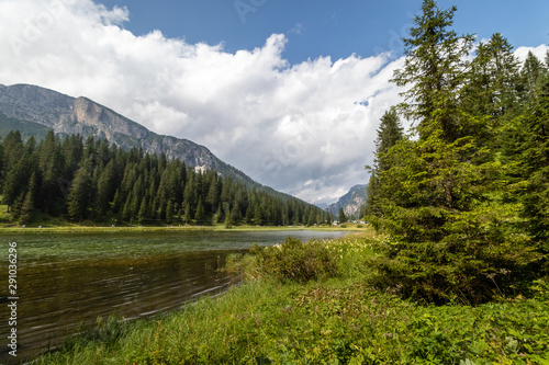 Landscape View of Mizurina Lake in Dolomite Alps Mountains in Cortina de Ampezzo area of italy