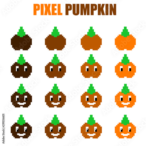 Sixteen illustrated pixel pumpkins for halloween designs.