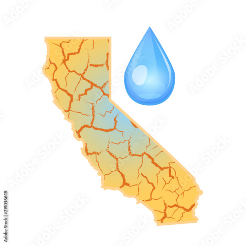 California needs water. Water scarcity concept. Drought in California and a drop of water. Vector illustration, isolated, white background.