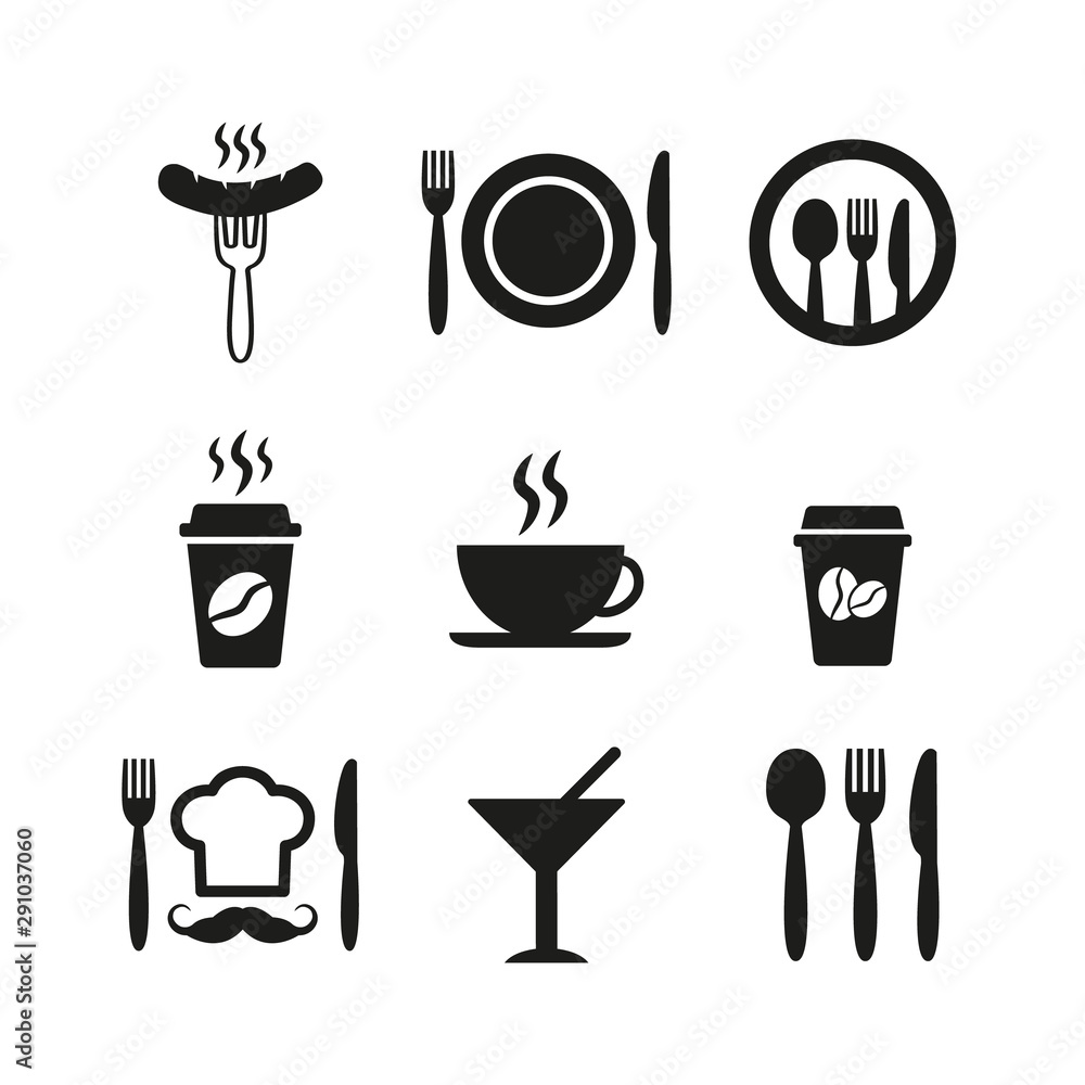 Restaurant and cafe icons set on white background. Restaurant and cafe icons set on white background.
